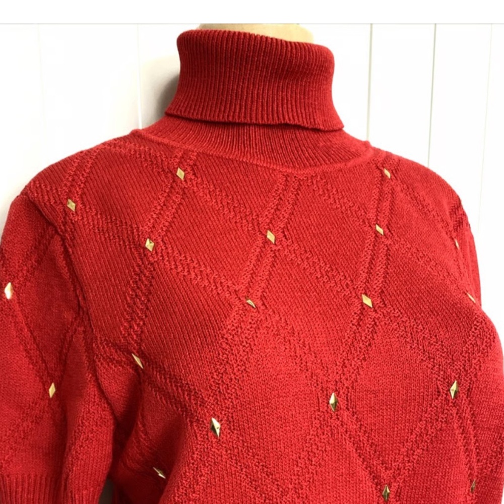 St. John Red Turtleneck Sweater with Gold Accents